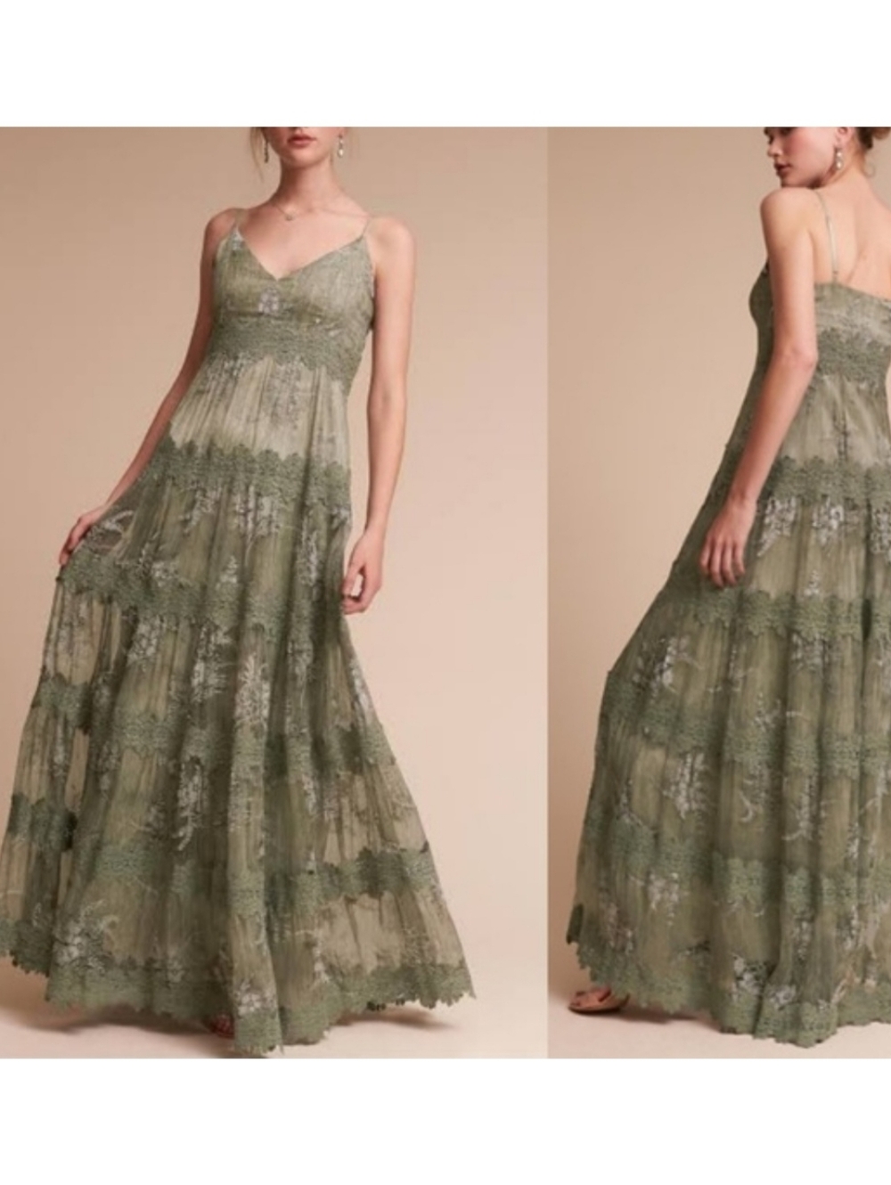 Anthropologie BHLDN Joni Silk Lace Maxi Dress Gown Green